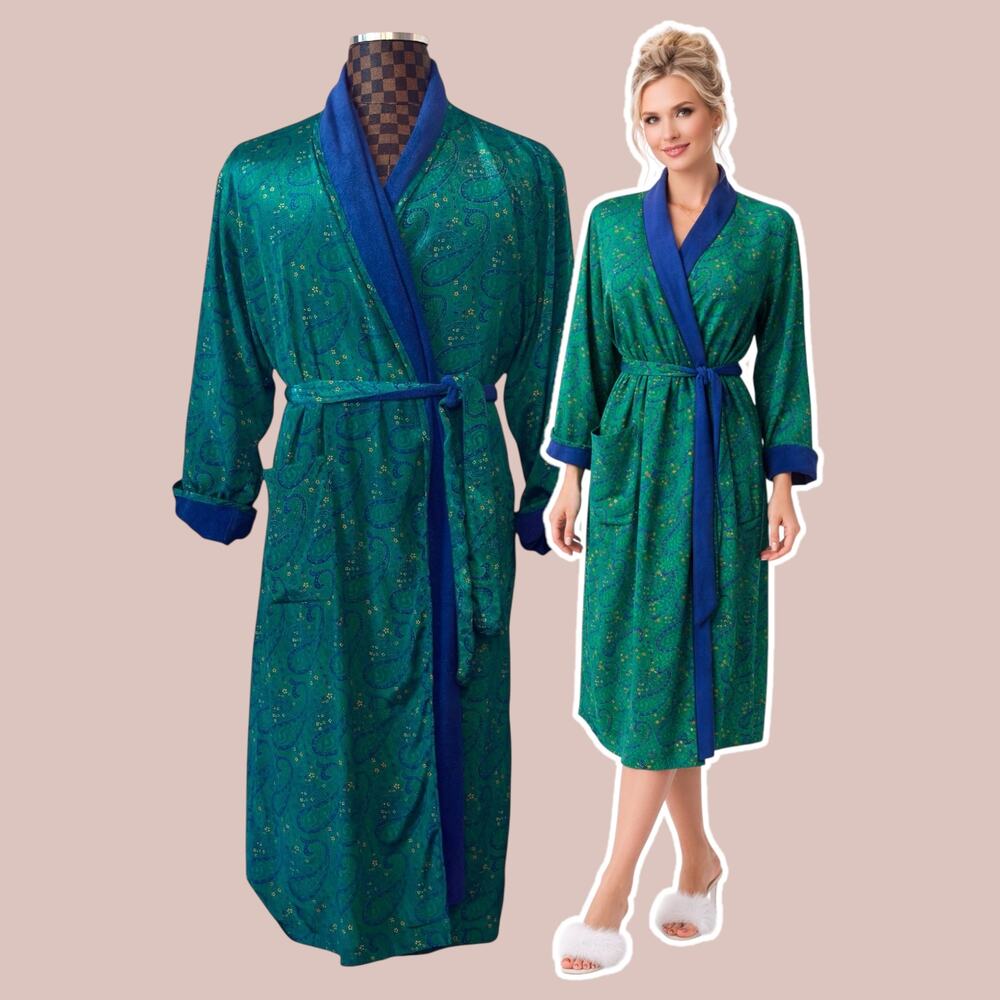 Vtg 80s Victoria's Secret Teal Paisley Robe One Size Fits All Satin Terrycloth